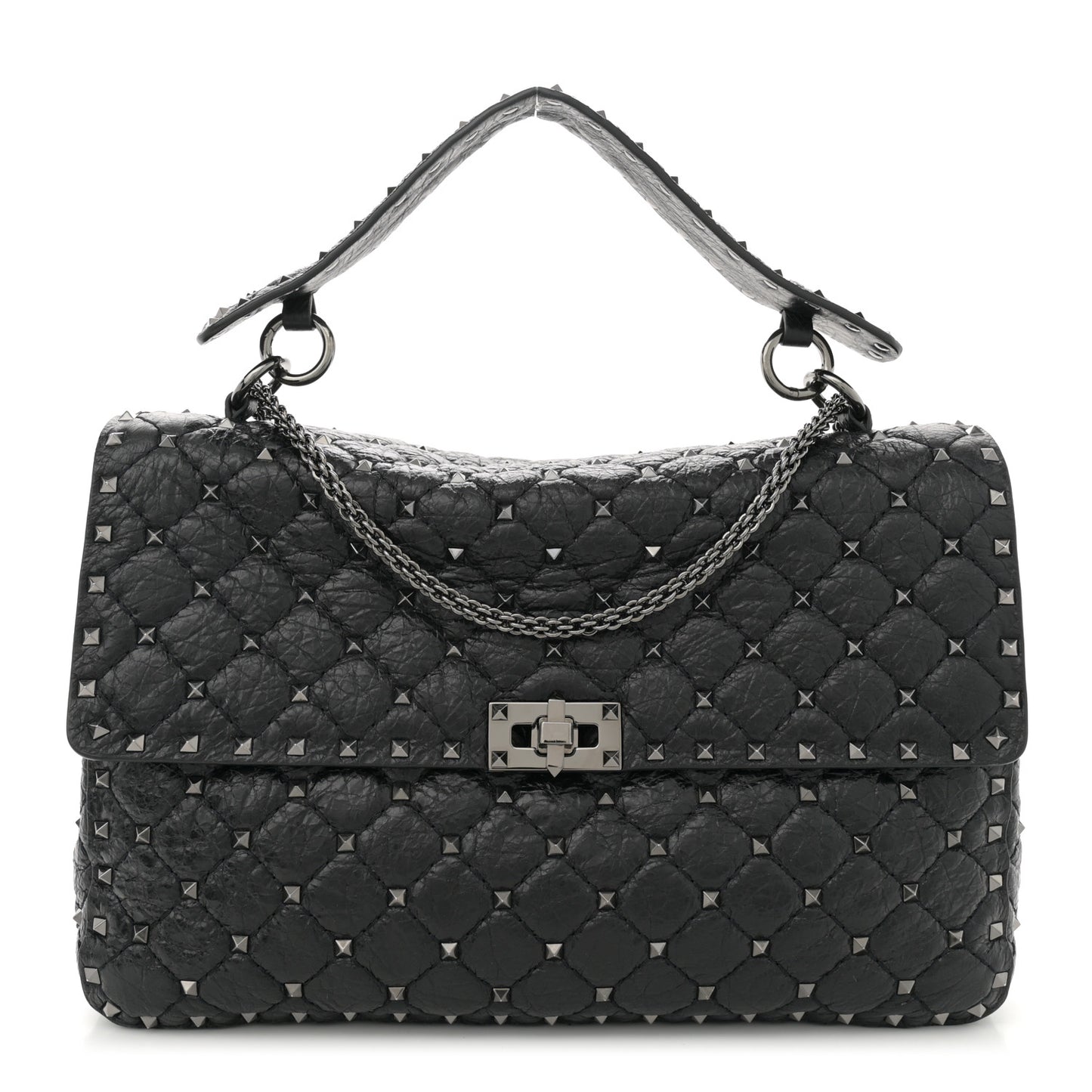 Craquele Nappa Large Rockstud Spike Shoulder Bag Black