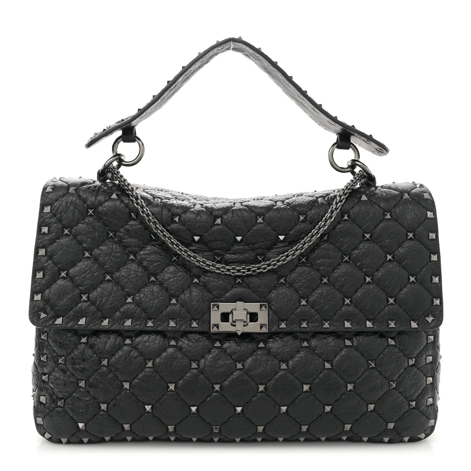 Valentino Garavani Craquele Nappa Large Rockstud Spike Shoulder Bag Black 1 of 11