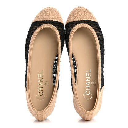 Chanel Raffia Cap Toe Ballerina Flats 37.5 Black Beige 2 of 9