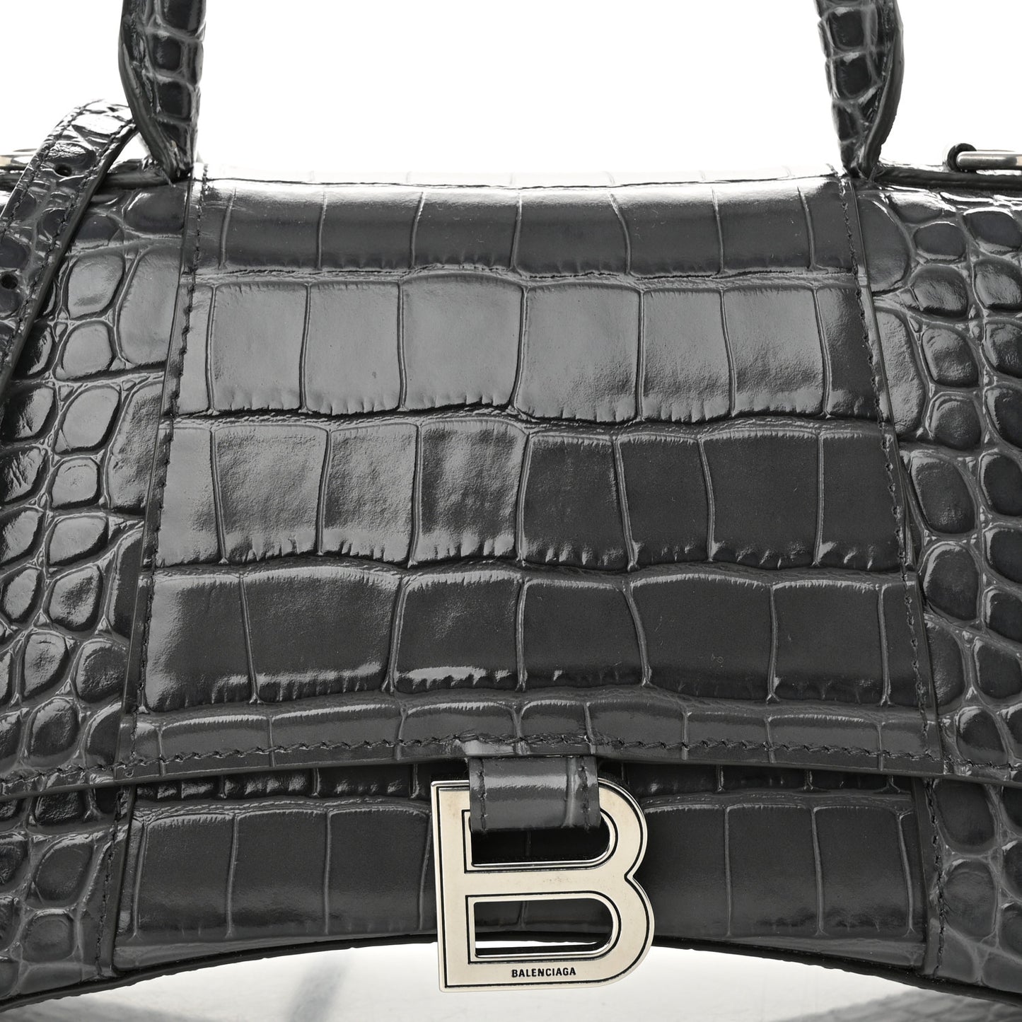 Shiny Calfskin Crocodile Embossed Small Hourglass Top Handle Bag Dark Grey