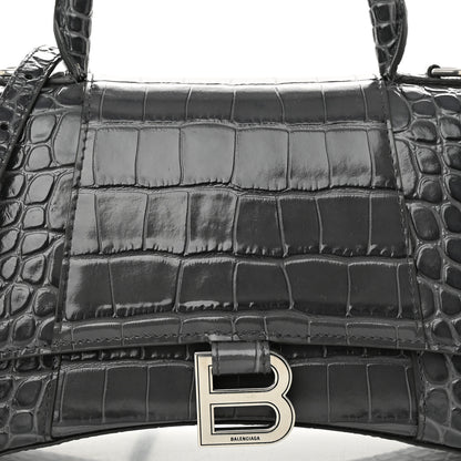 Balenciaga Shiny Calfskin Crocodile Embossed Small Hourglass Top Handle Bag Dark Grey 8 of 10