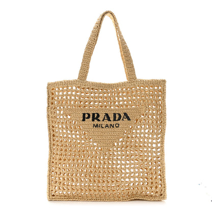 Prada Yarn Raffia Effect Crochet Logo Embroidered Tote Bag Naturale 1 of 9