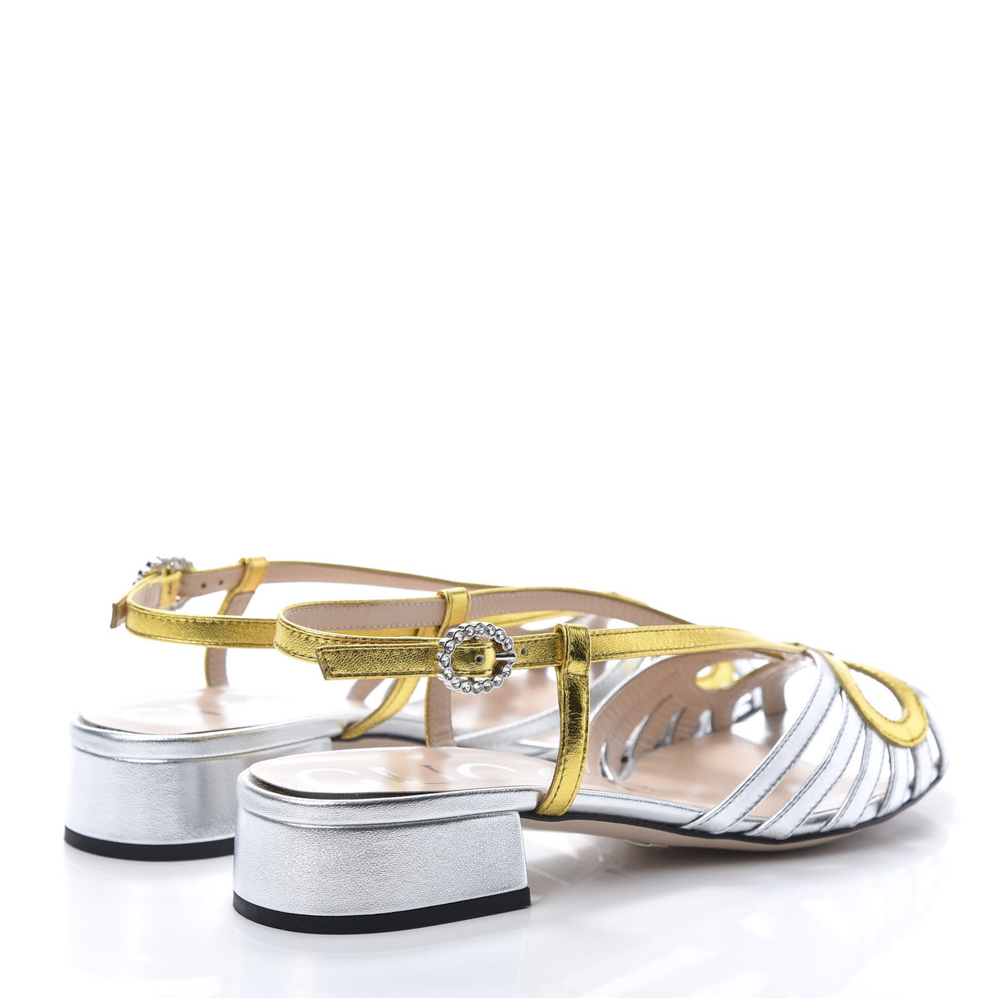 Metallic Nappa Crystal Zephyra Slingback Low Heel Sandals 36 Silver Gold