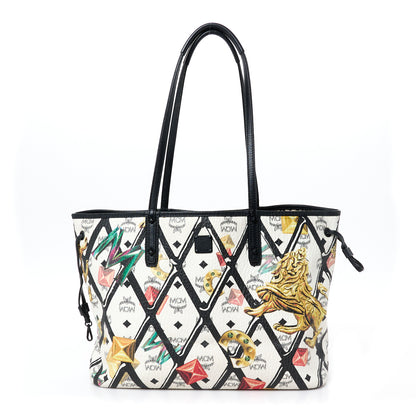 MCM Visetos Calfskin Motif Rombi Lion Printed Reversible Shopper Tote White 1 of 16
