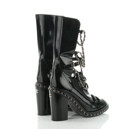 Chanel Patent Chained Tall Combat Boots 39.5 Black 4 of 7