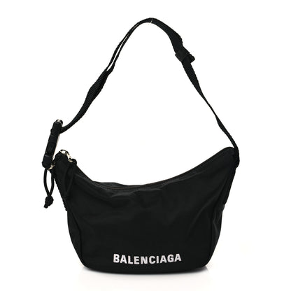 Balenciaga Recycled Sport Nylon Logo Embroidered Wheel Sling Bag Black White 1 of 10