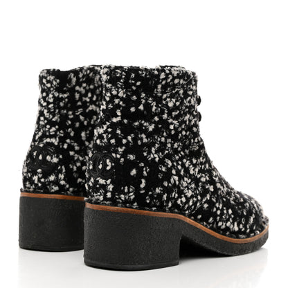 Chanel Tweed Quilted Lace Up Short Boots 36 Black White 3 of 7
