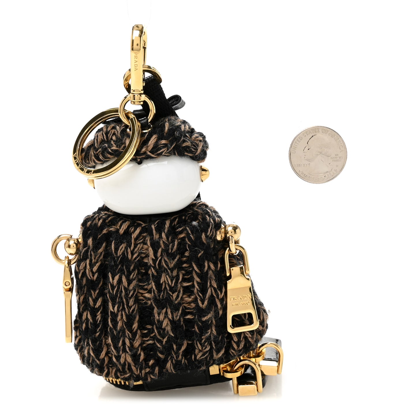 Knitted Soft Lambskin Robot Keychain With Strap Black Camel