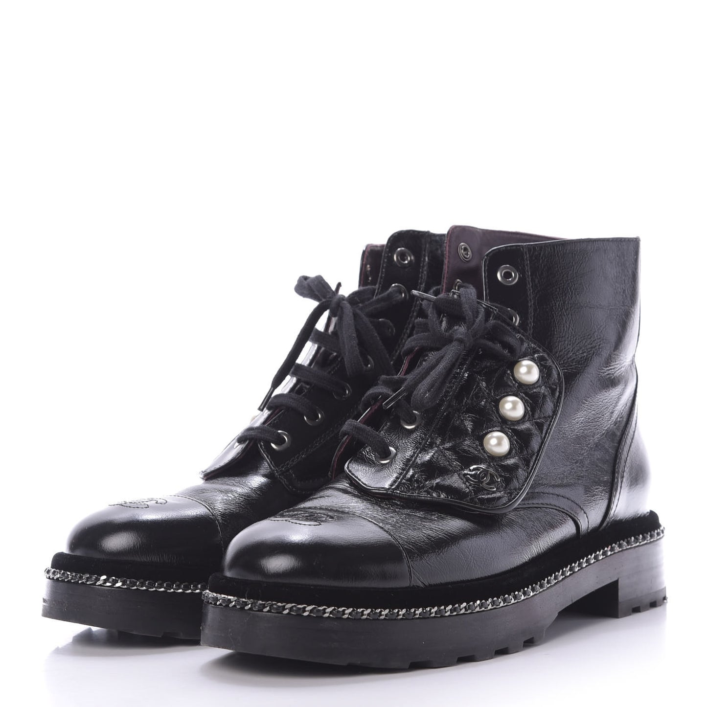 Crackled Calfskin Velvet Pearl Combat Short Boots 39 Black