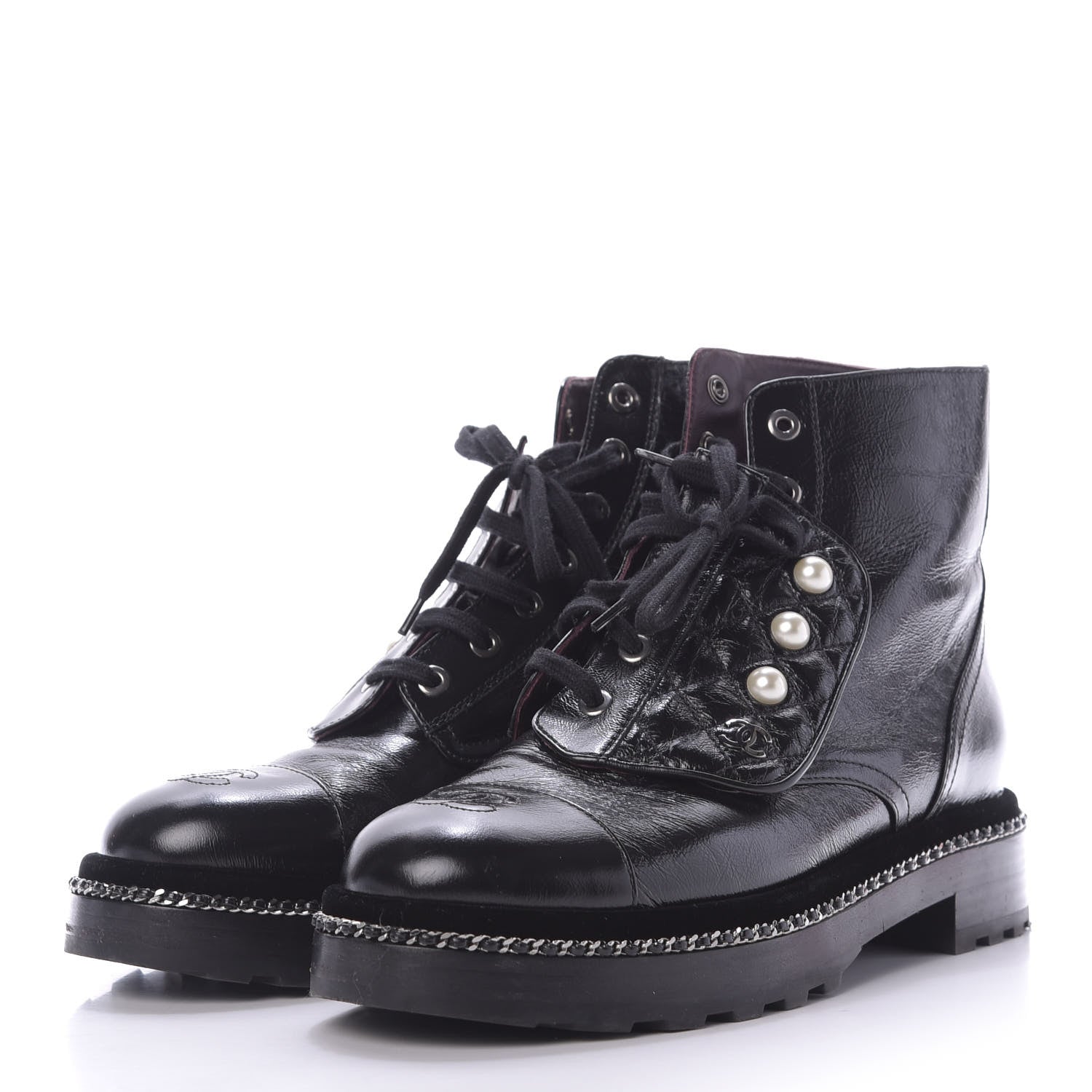 Chanel Crackled Calfskin Velvet Pearl Combat Short Boots 39 Black 3 of 10