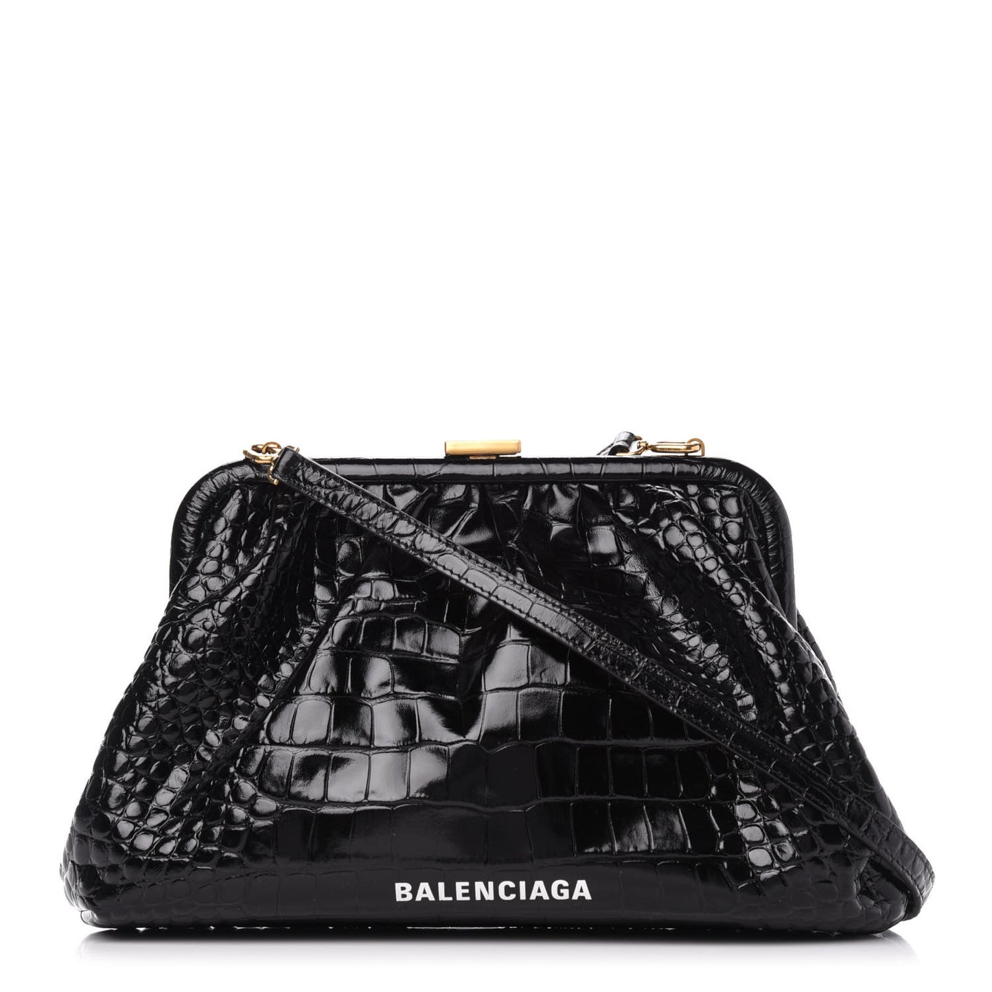 Shiny Supple Calfskin Logo Crocodile Embossed Cloud Crossbody Bag Black White