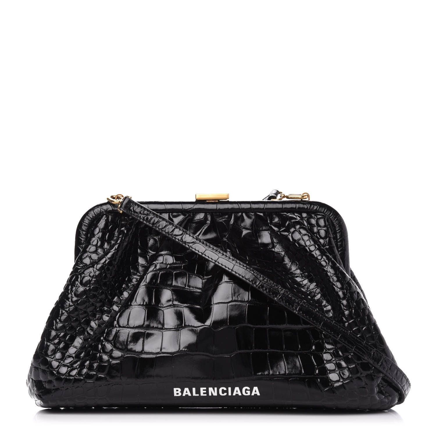 Balenciaga Shiny Supple Calfskin Logo Crocodile Embossed Cloud Crossbody Bag Black White 1 of 10