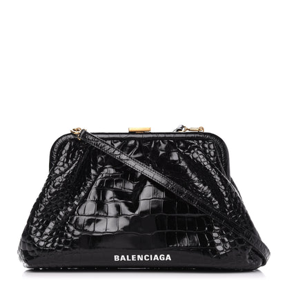 Balenciaga Shiny Supple Calfskin Logo Crocodile Embossed Cloud Crossbody Bag Black White 1 of 10
