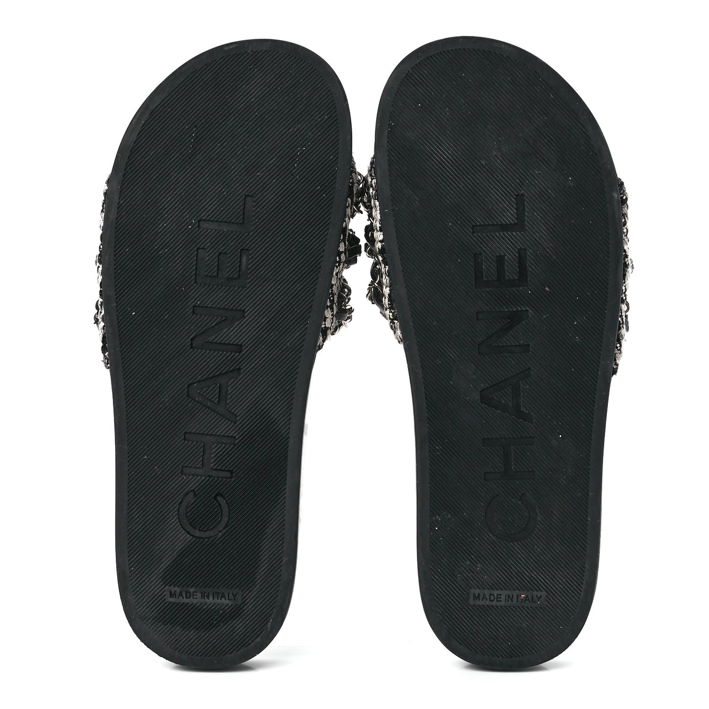 Tweed Lambskin Chain Flat Sandals 37 Black Multicolor