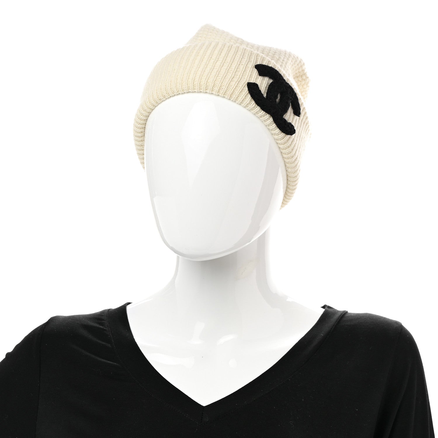 Chanel Wool Cashmere CC Beanie Hat Ivory Black 2 of 6