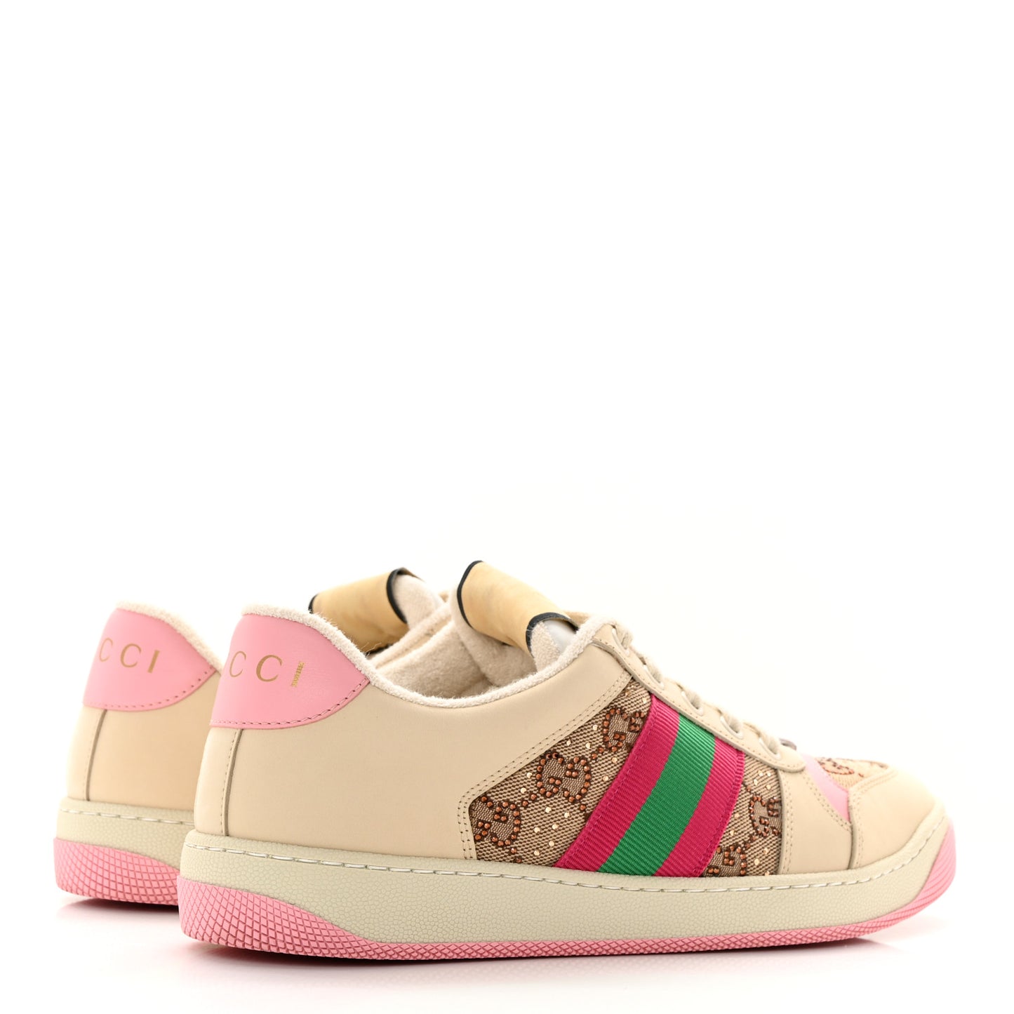 Calfskin GG Supreme Crystals Web Screener Sneakers 38 Beige Ebony Wild Rose