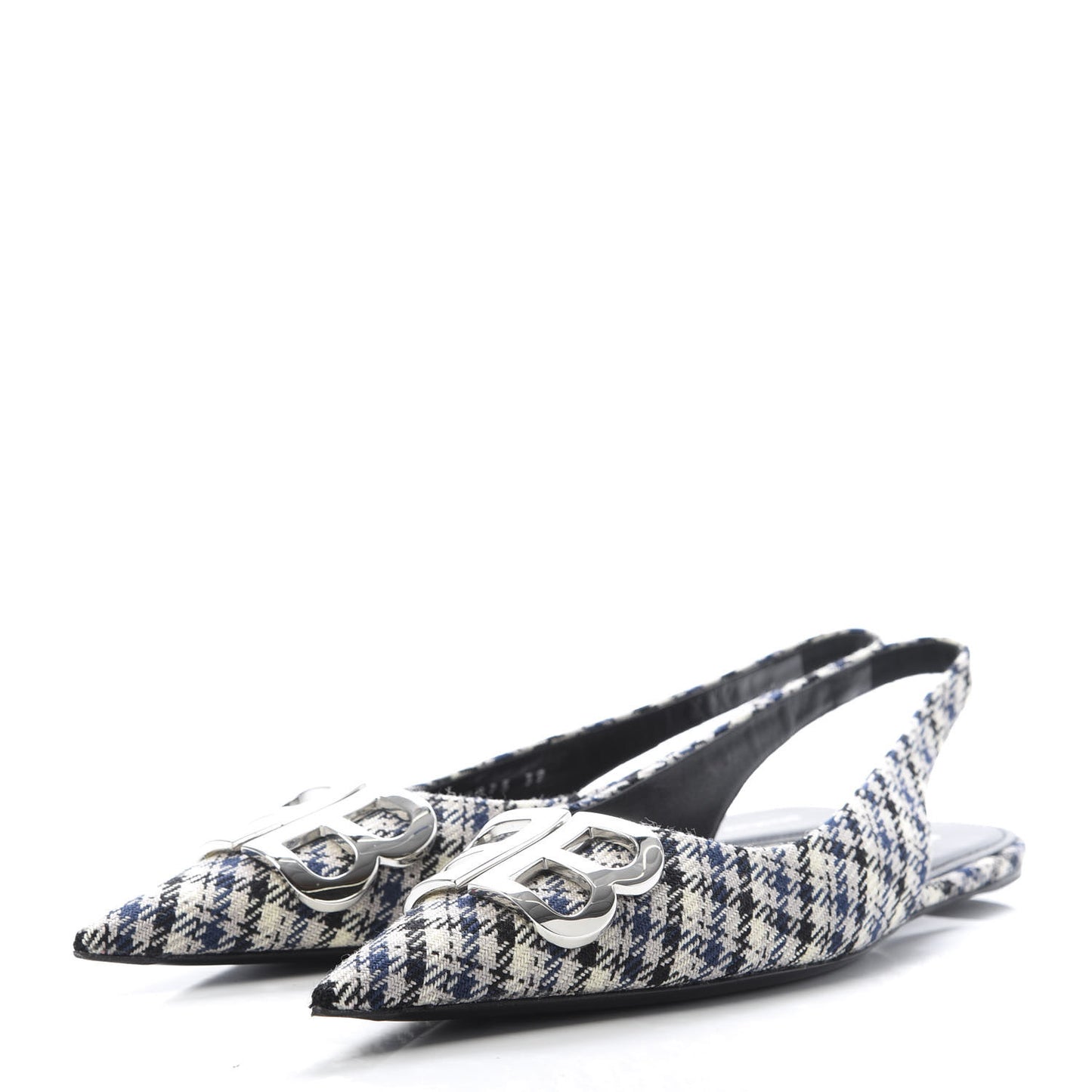 Tweed Prince Of Wales BB Knife Pointy Toe Slingback Flats 39 Beige Navy Silver