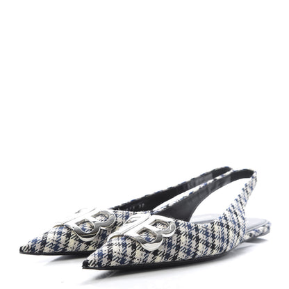 Balenciaga Tweed Prince Of Wales BB Knife Pointy Toe Slingback Flats 39 Beige Navy Silver 3 of 9