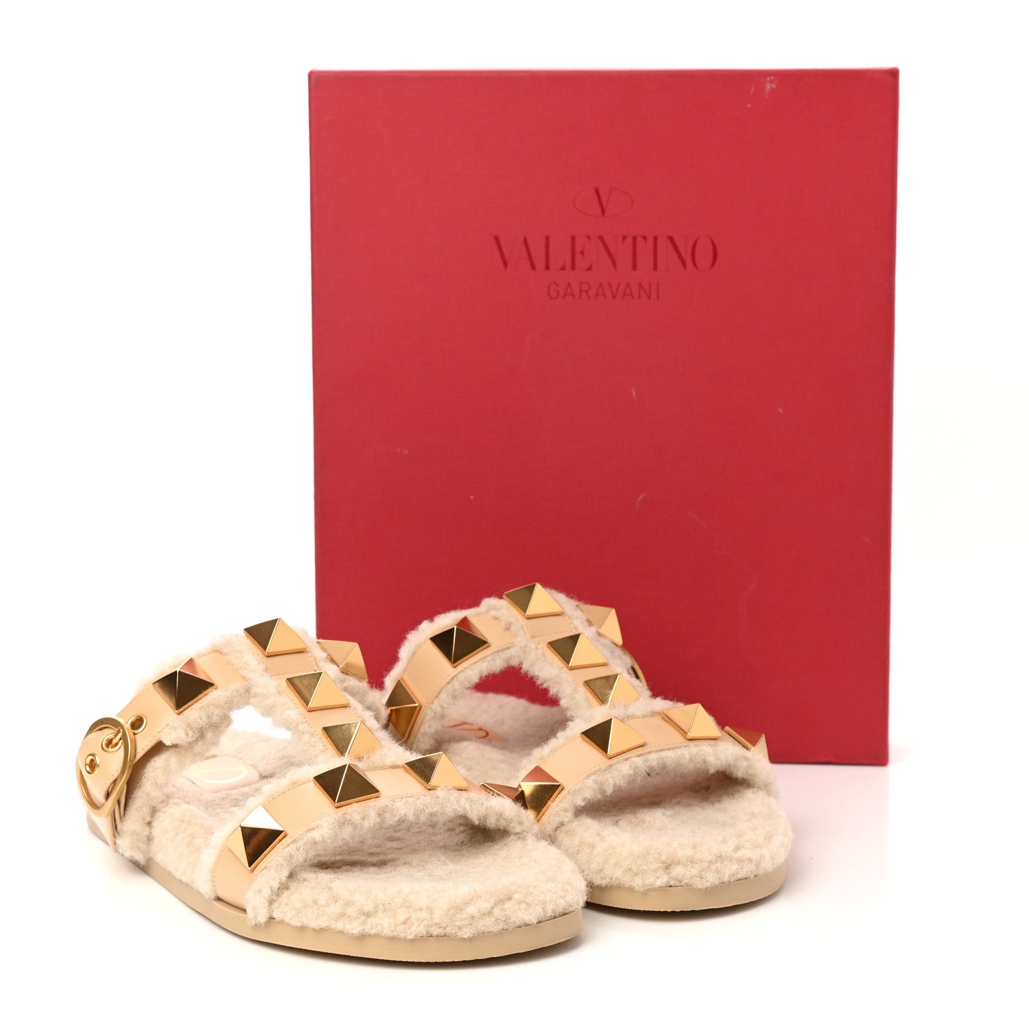 Valentino Garavani Shearling Roman Stud Slide Sandals 38 Sahara Beige 8 of 8