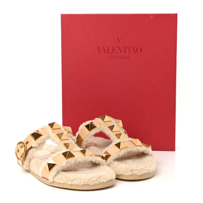 Valentino Garavani Shearling Roman Stud Slide Sandals 38 Sahara Beige 8 of 8