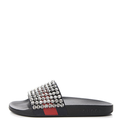 Gucci Calfskin Crystal Embellished Web Slide Sandals 37 Blue Red 1 of 8