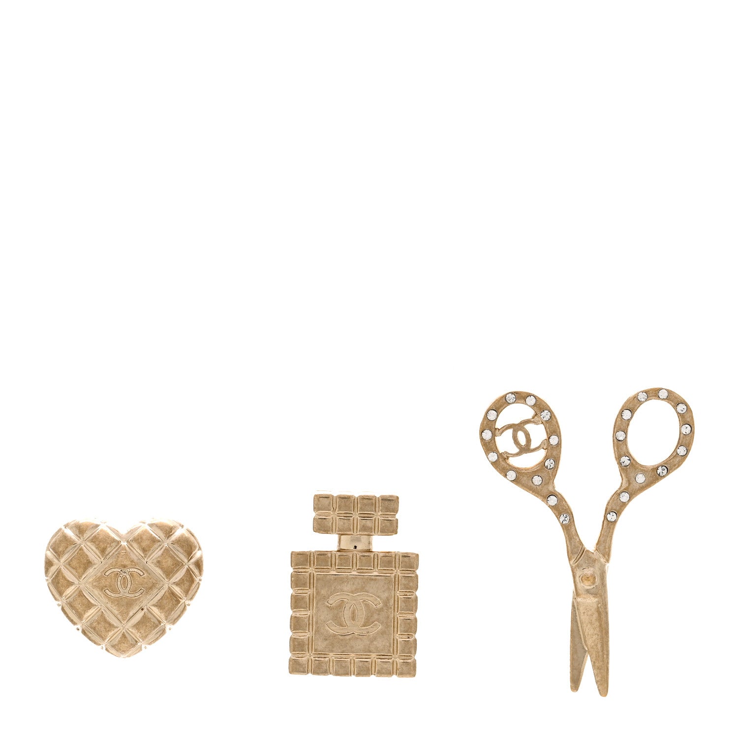 Chanel Metal Strass Crystal Quilted CC Heart Scissors Perfume Brooch Set Gold 1 of 4