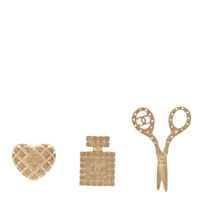 Chanel Metal Strass Crystal Quilted CC Heart Scissors Perfume Brooch Set Gold 1 of 4