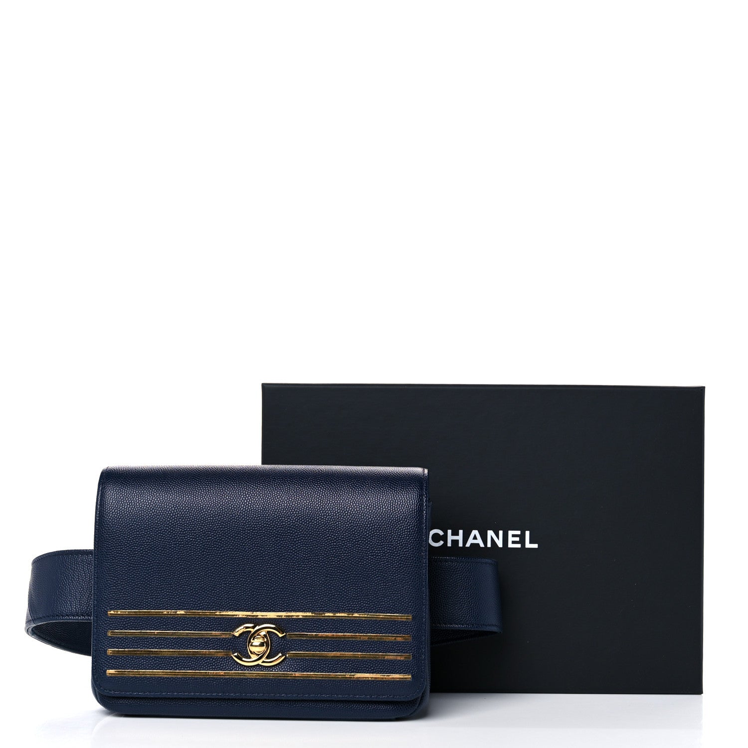 Chanel Grained Calfskin Embroidered Captain Gold Flap Belt Bag Navy 9 of 9