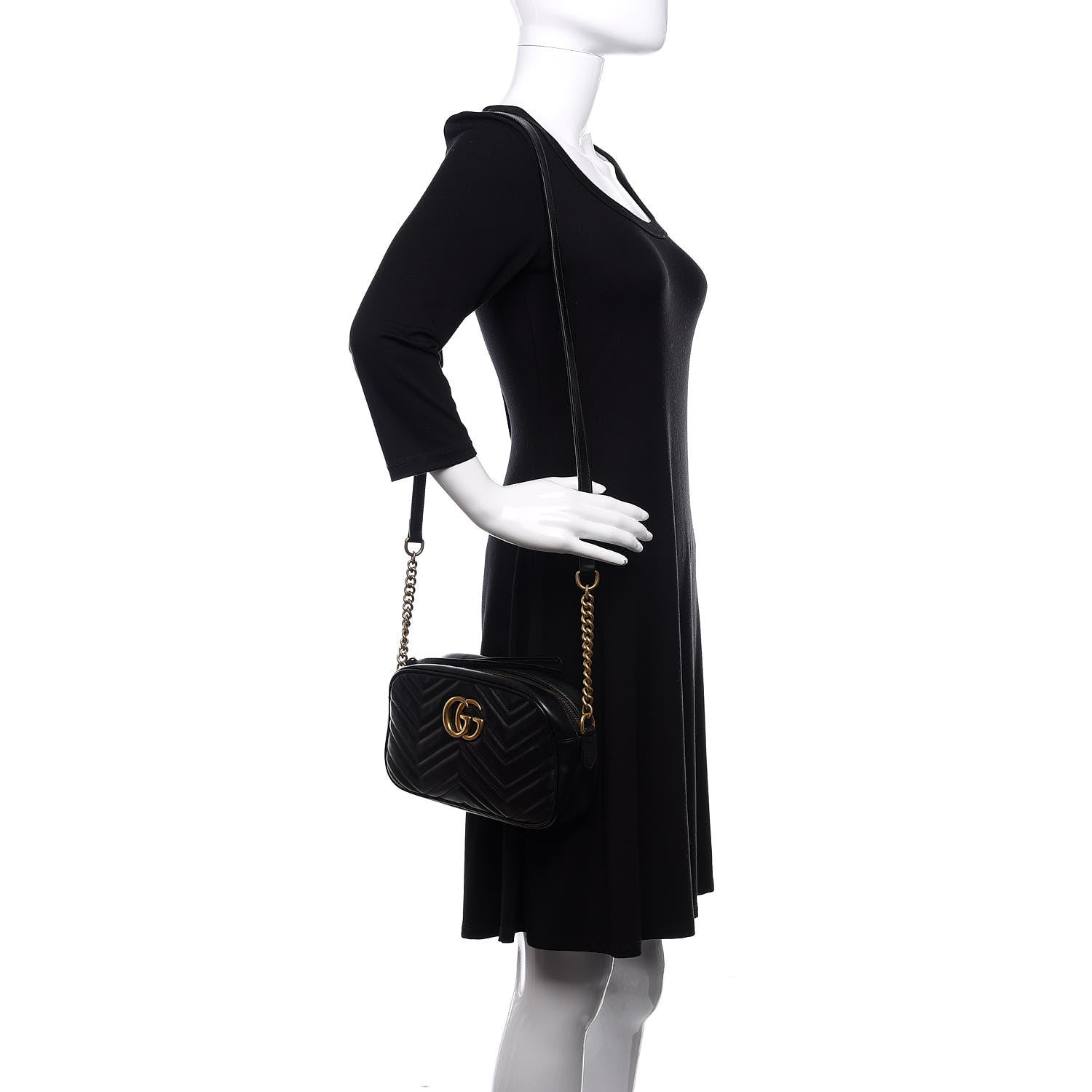 Gucci Calfskin Matelasse Small GG Marmont Chain Shoulder Bag Black 2 of 12