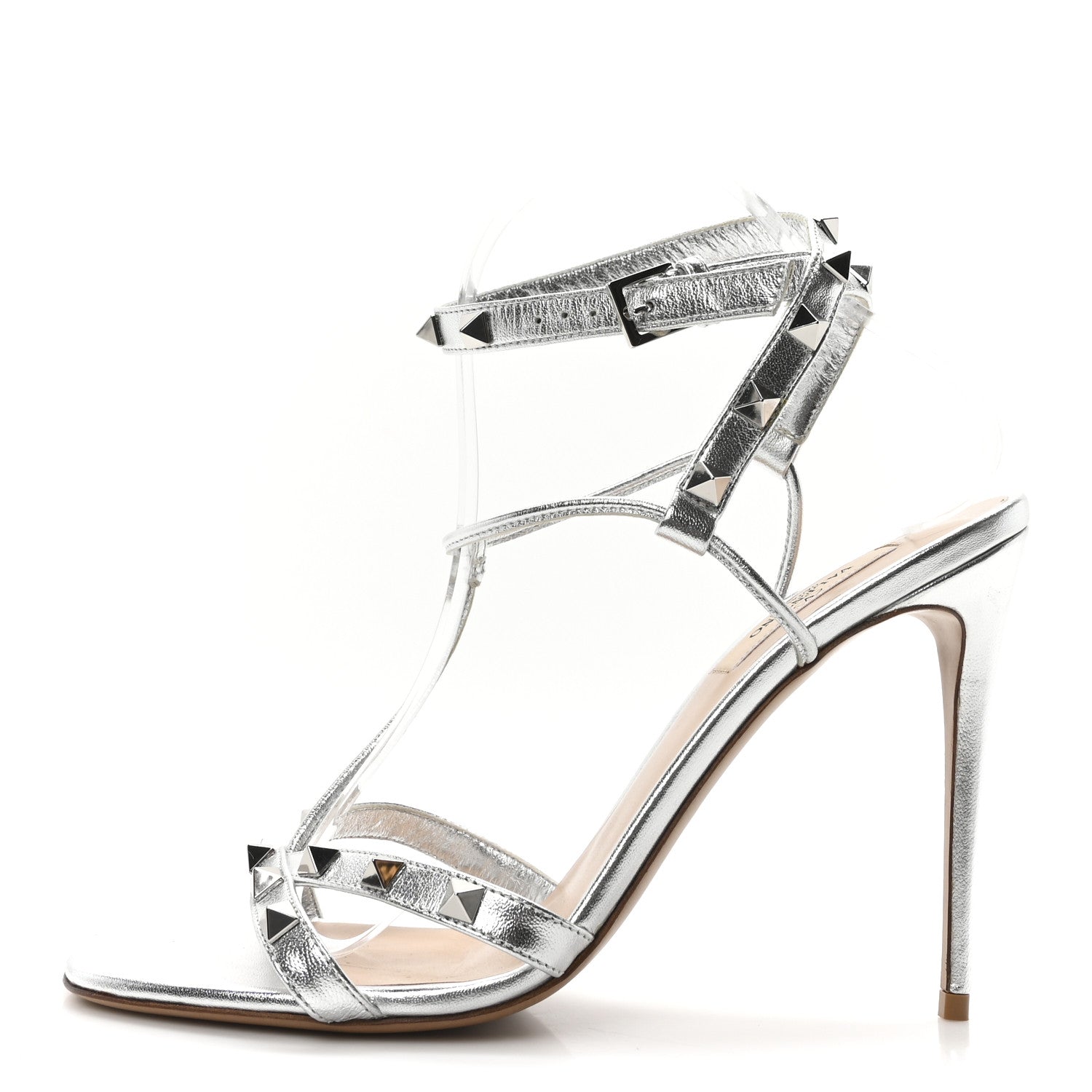 Valentino Garavani Metallic Nappa Rockstud Ankle T-Strap 100mm Sandals 39.5 Silver 1 of 8