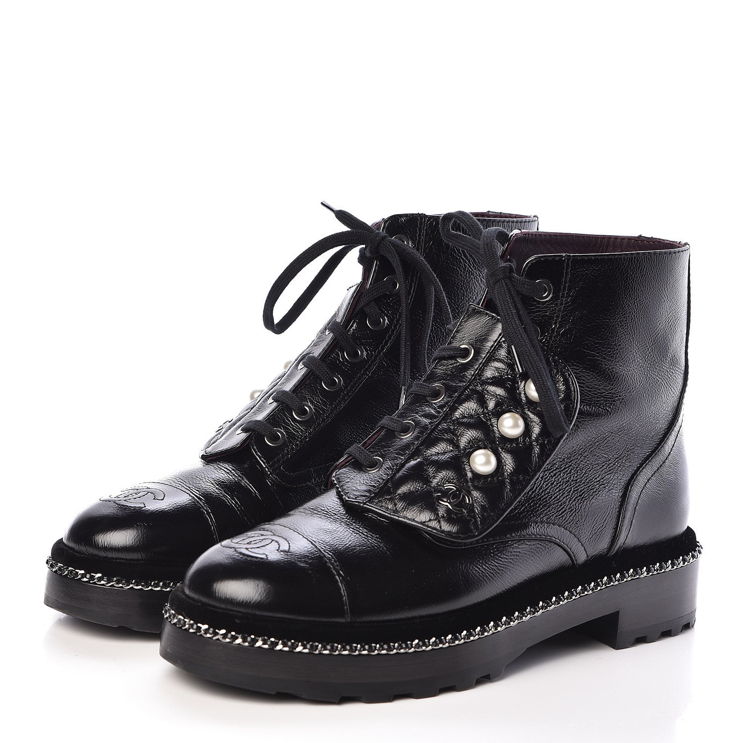 Chanel Crackled Calfskin Velvet Pearl Combat Short Boots 38 Black 3 of 9