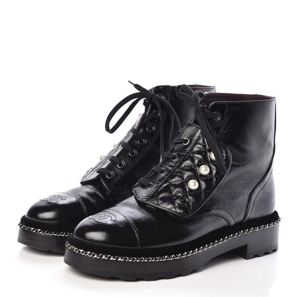 Chanel Crackled Calfskin Velvet Pearl Combat Short Boots 38 Black 3 of 9