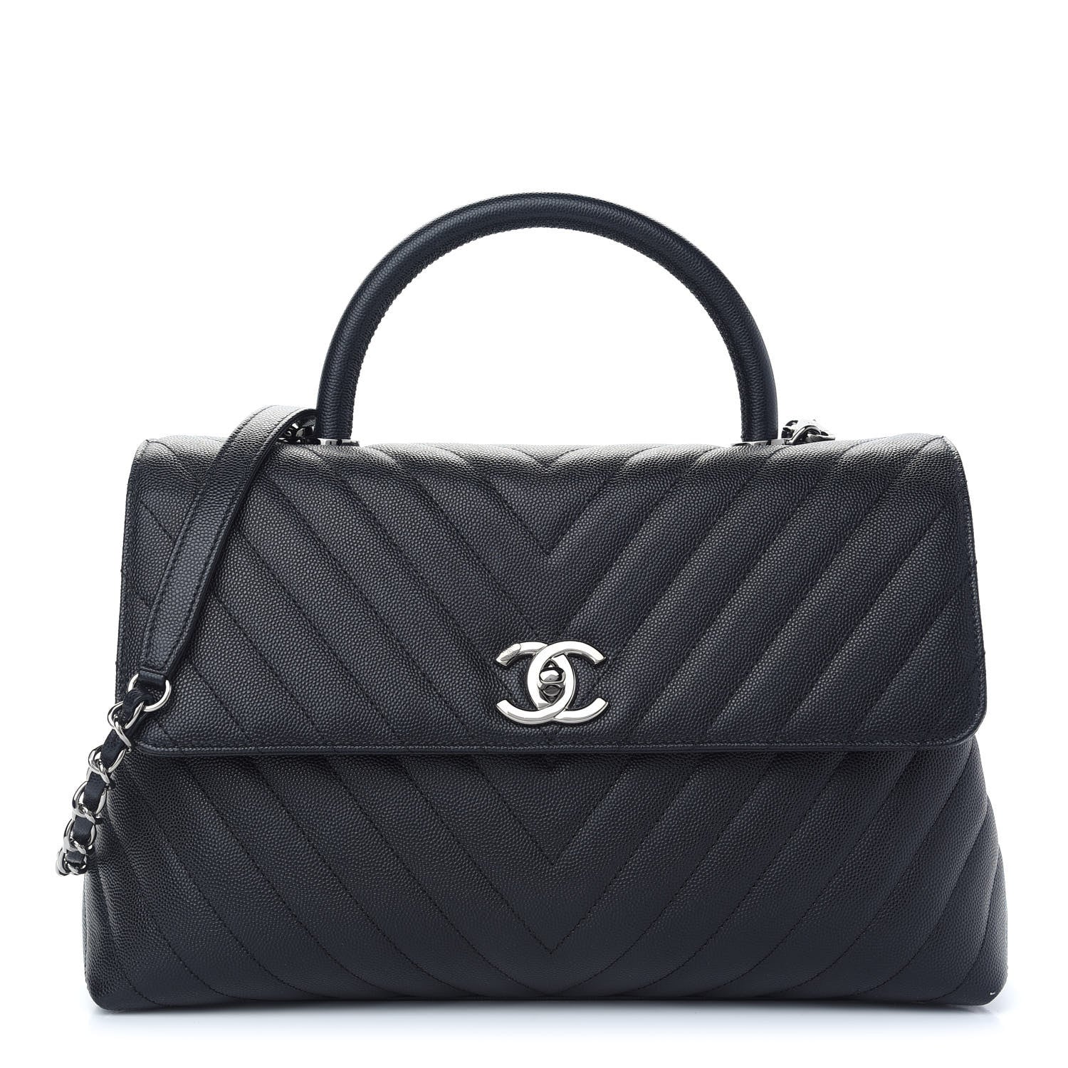 Chanel Caviar Chevron Quilted Medium Coco Handle Flap Black 1 of 9