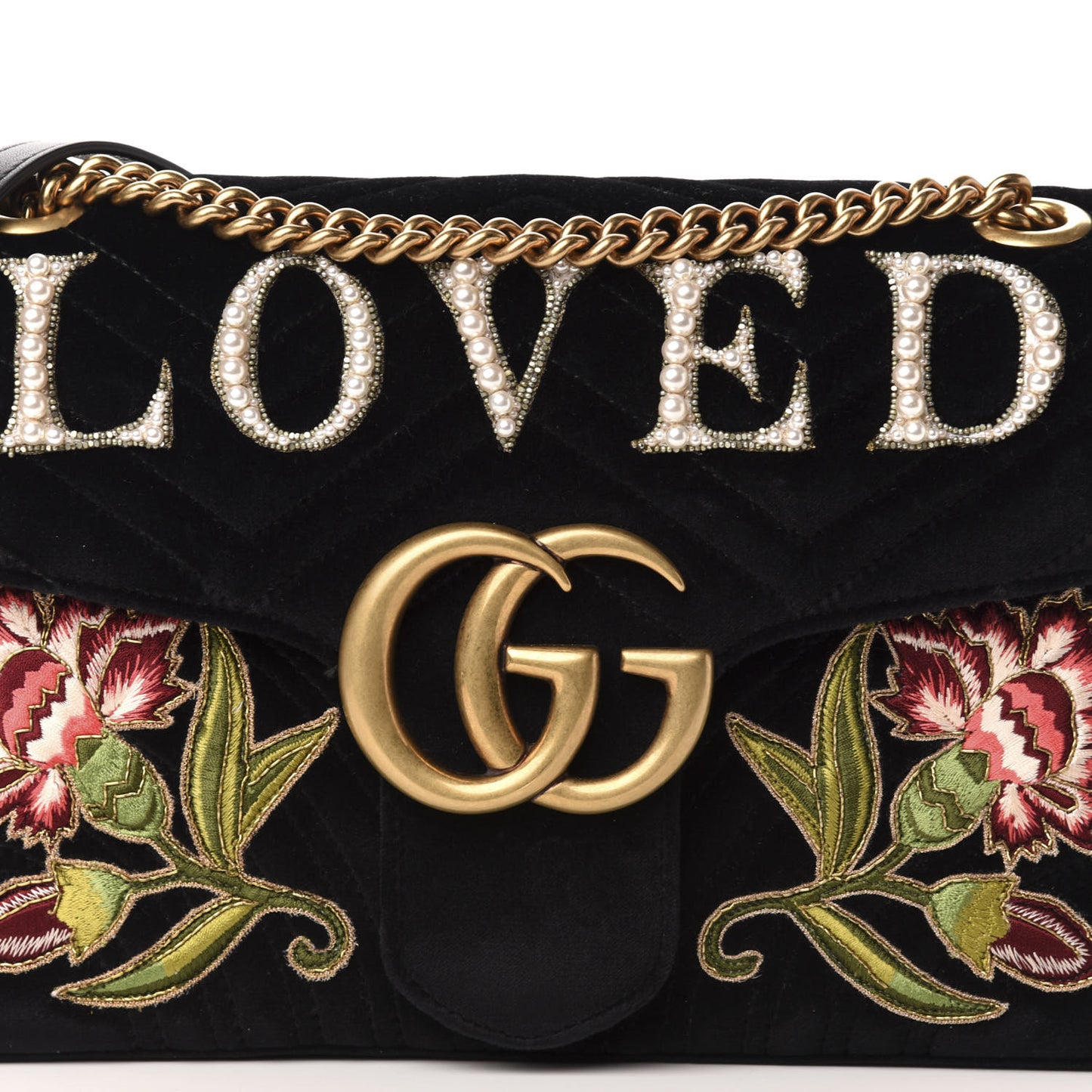 Velvet Matelasse Loved Embroidered Medium GG Marmont Shoulder Bag Black