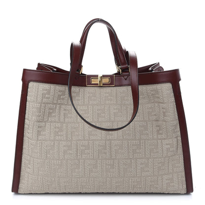 Fendi Sardinian Jacquard Vitello King FF 1974 Embroidered Medium Peekaboo X-Tote Corda Praline 1 of 10
