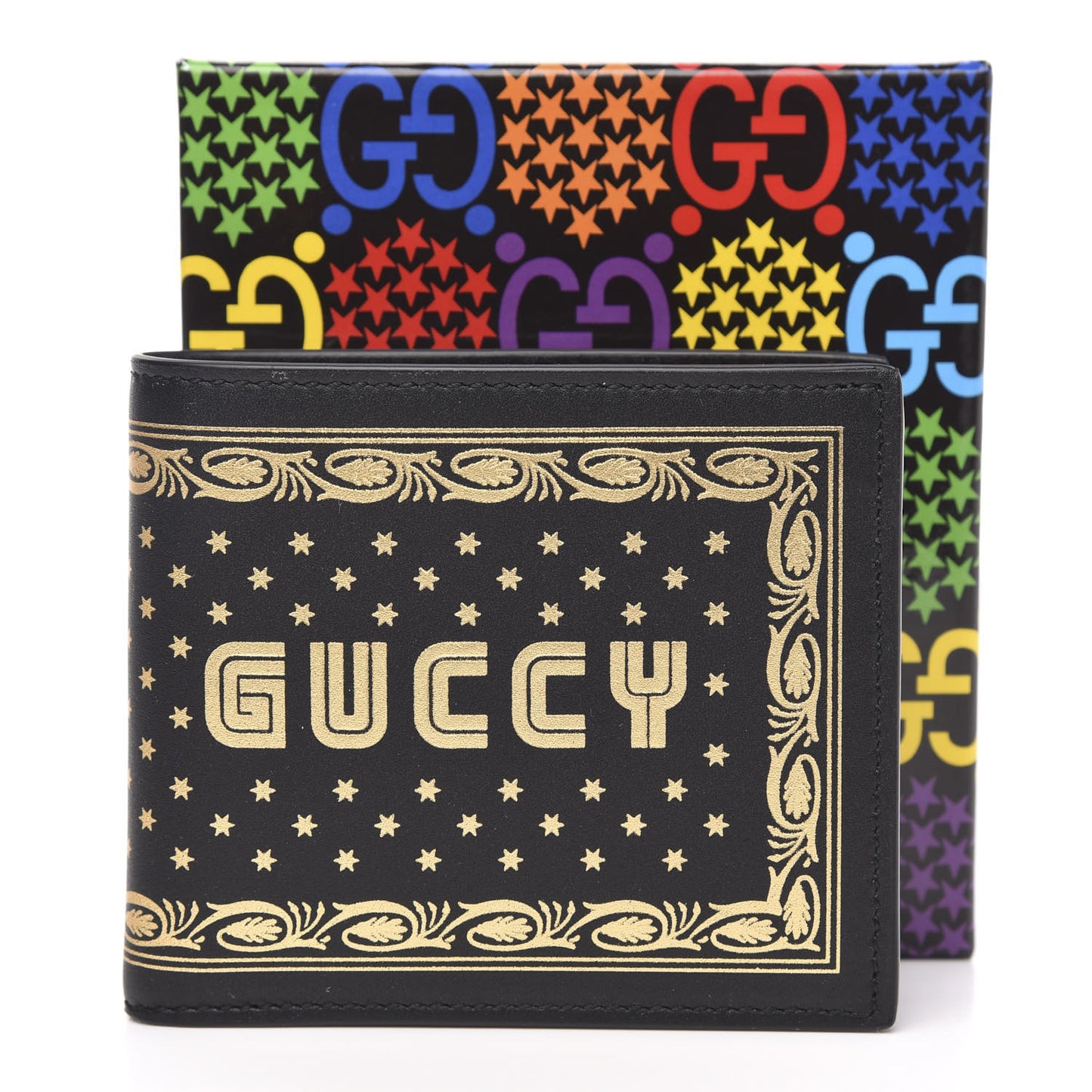 X SEGA Calfskin GUCCY Stars Bi-Fold Wallet Black Gold