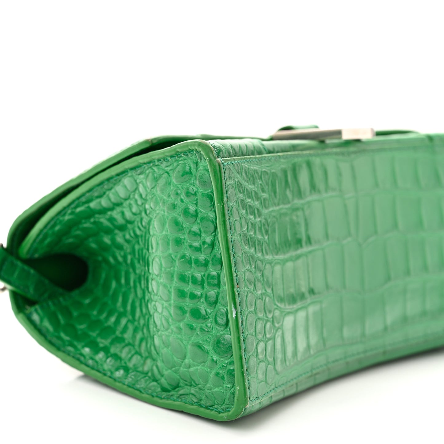 Shiny Calfskin Crocodile Embossed Small Hourglass Top Handle Bag Leaf Green