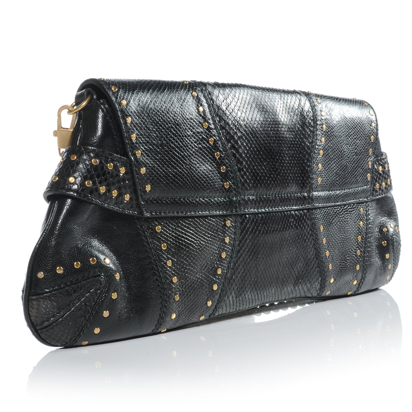 Python Studded Large Horsebit Chain Clutch Black