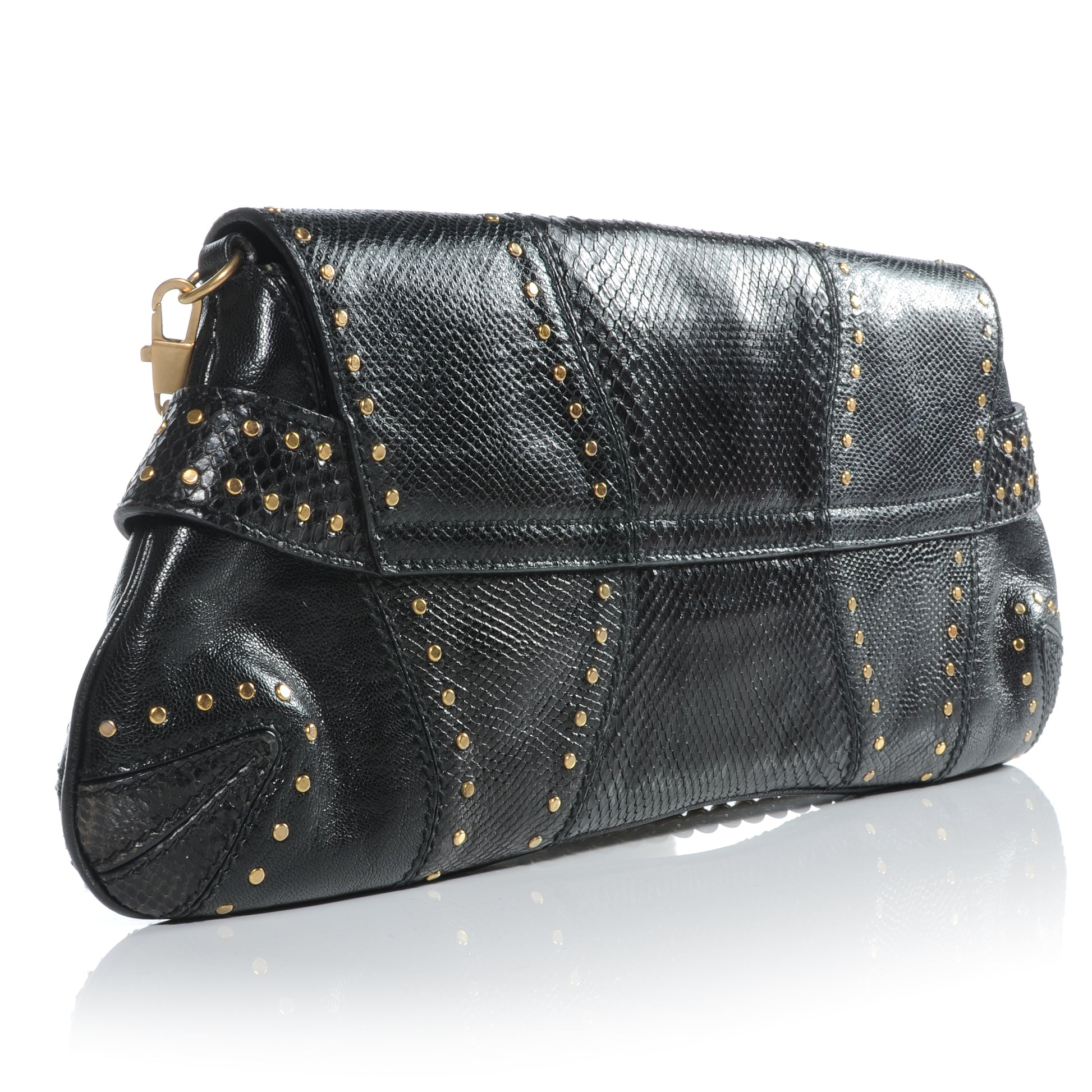 Gucci Python Studded Large Horsebit Chain Clutch Black 3 of 7