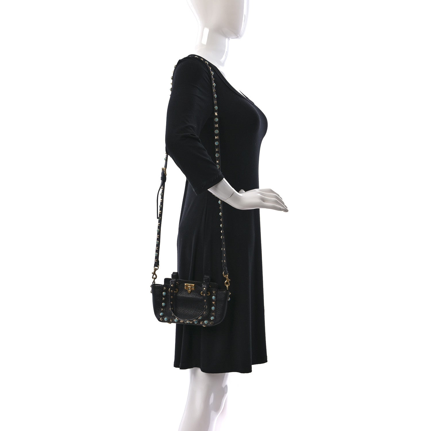 Valentino Garavani Pebbled Calfskin Mini Rockstud Rolling Tote Black 2 of 8