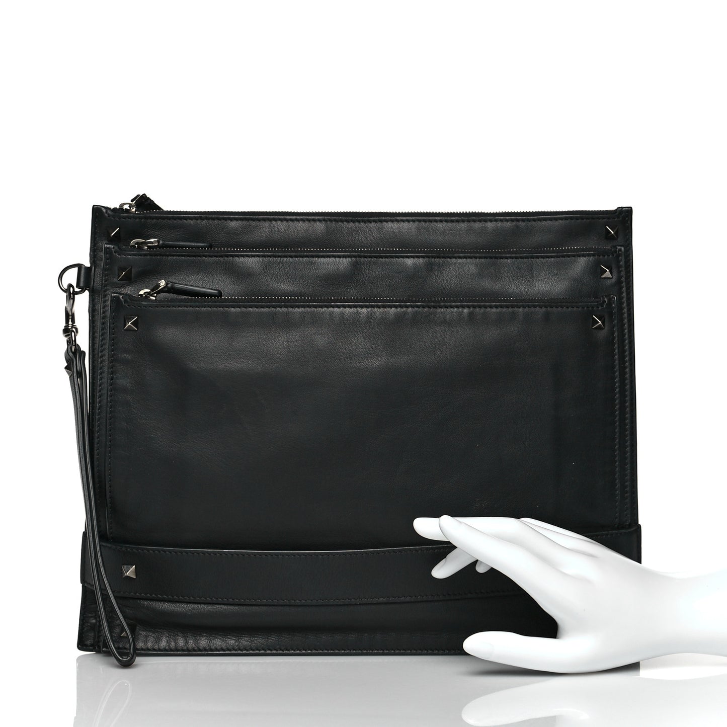 Nappa Rockstud Triple Zip Wristlet Pouch Black