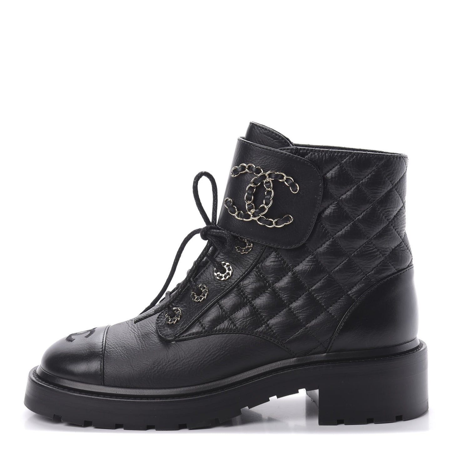 Shiny Goatskin Calfskin Quilted Lace Up Combat Boots 39 Black