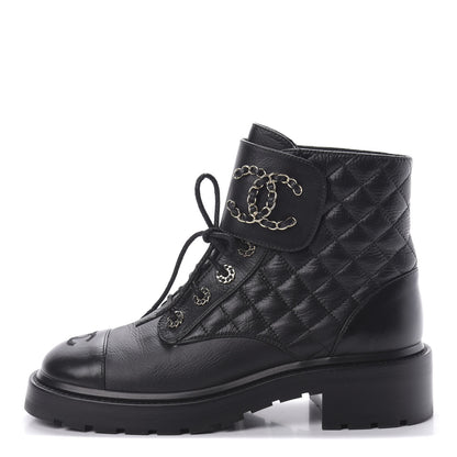 Chanel Shiny Goatskin Calfskin Quilted Lace Up Combat Boots 39 Black 1 of 8