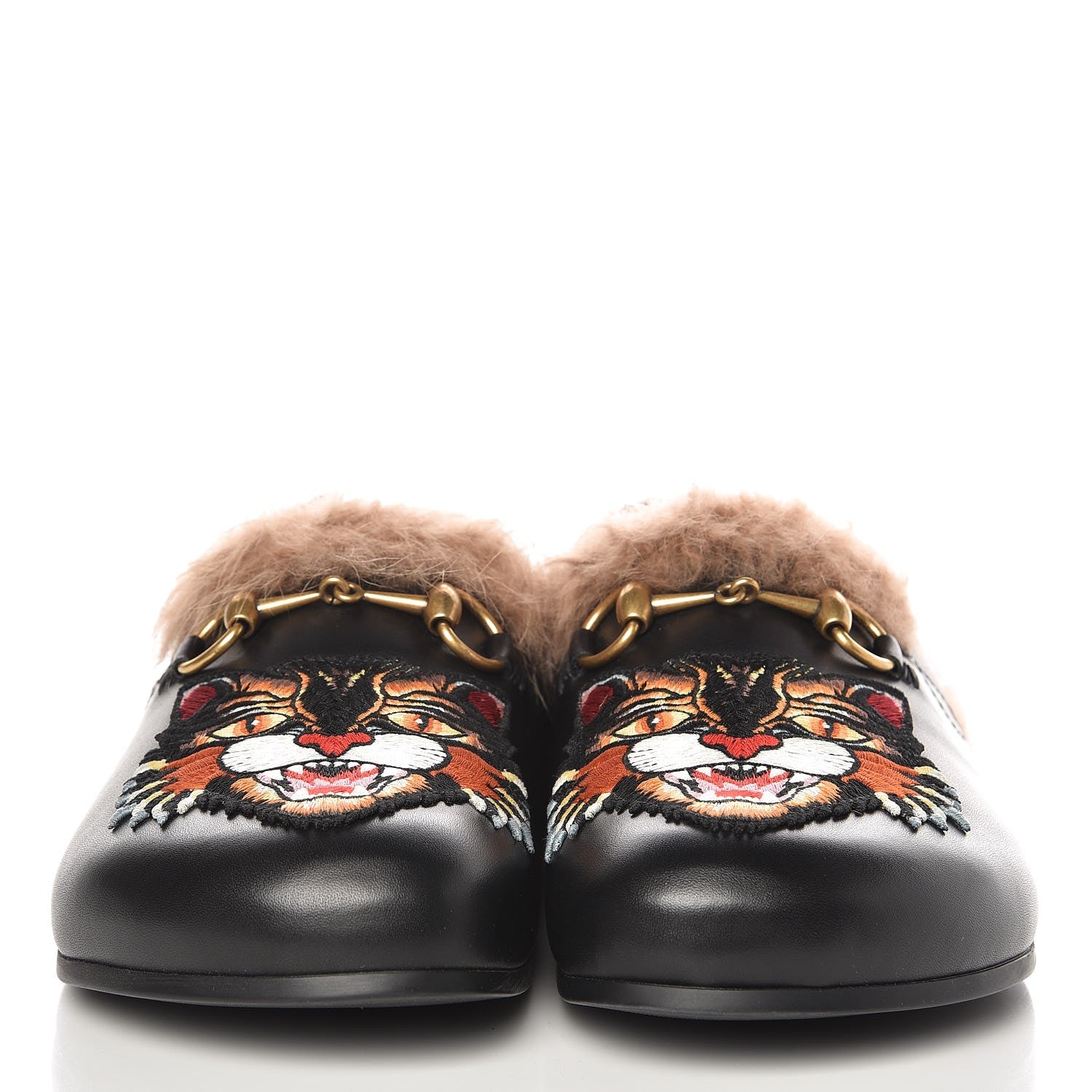 Gucci Calfskin Fur Angry Cat Mens Horsebit River Slingback Slippers 7 Black 2 of 10