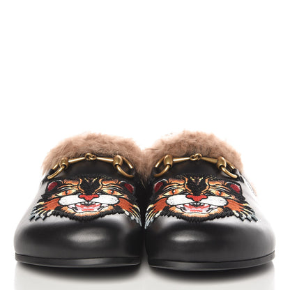 Gucci Calfskin Fur Angry Cat Mens Horsebit River Slingback Slippers 7 Black 2 of 10