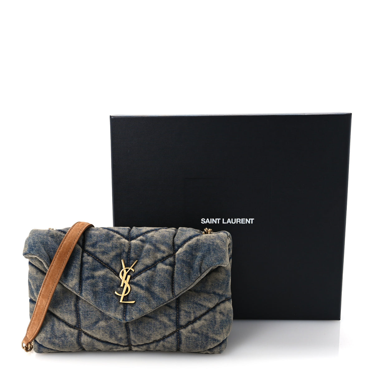 Denim Quilted Toy Loulou Puffer Monogram Chain Satchel Blue Cinnamon