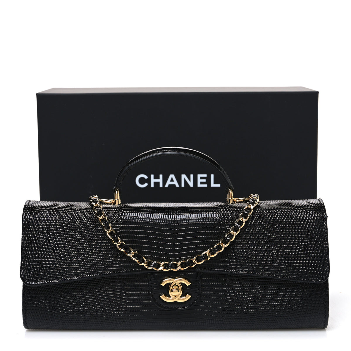 Chanel Calfskin Lizard Embossed Top Handle Long Clutch With Chain Black 12 of 12