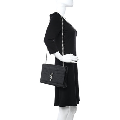 Saint Laurent Calfskin Crocodile Embossed Monogram Satchel Black 2 of 8
