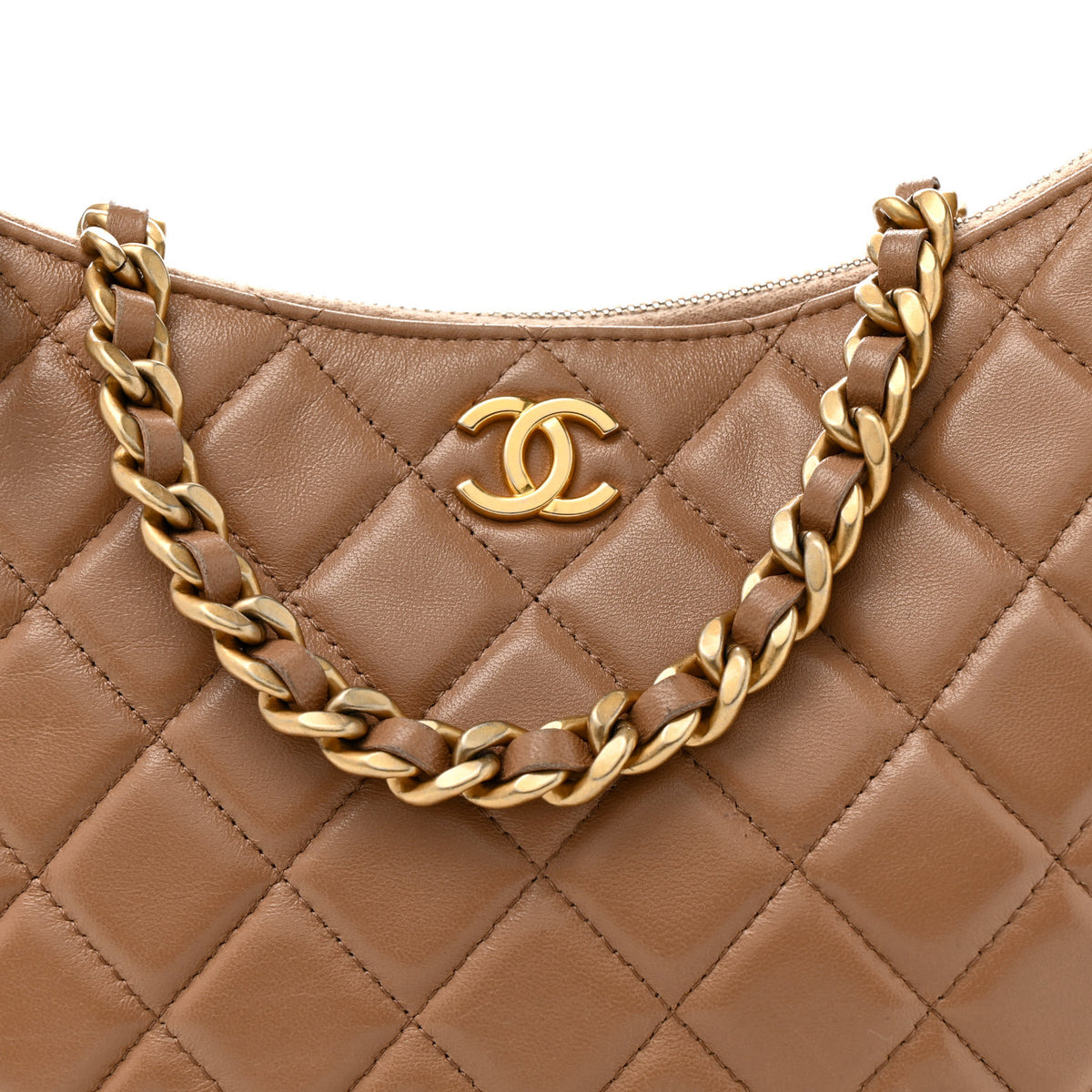 Shiny Crumpled Lambskin Quilted Large Trendy Chain Around Hobo Dark Beige