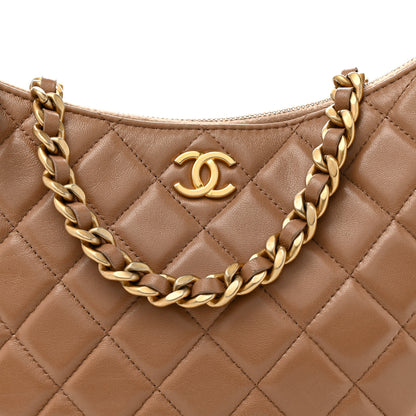 Chanel Shiny Crumpled Lambskin Quilted Large Trendy Chain Around Hobo Dark Beige 8 of 17